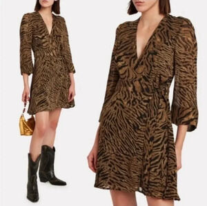 GANNI Tiger Print‎ Mini Georgette Brown Long Sleeve Wrap Dress Size 38 (US M/8)